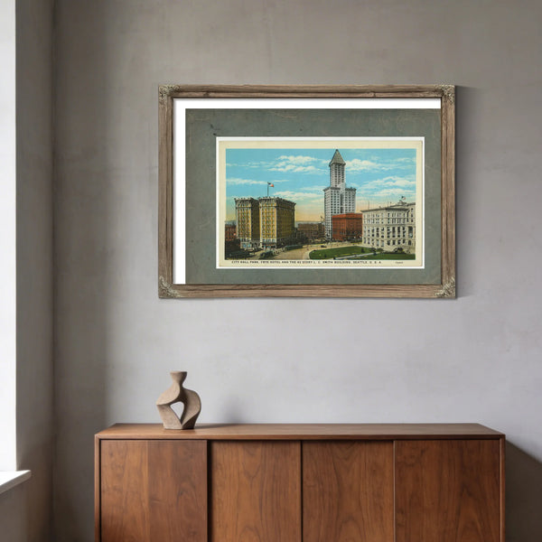 City Hall Park Frye Hotel And Smith Tower Ca 1915 — vintage wall art by Bella Frye