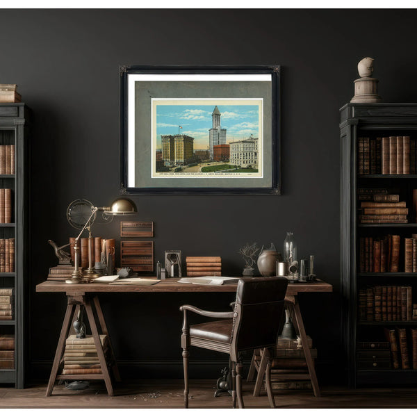 City Hall Park Frye Hotel And Smith Tower Ca 1915 — vintage wall art by Bella Frye