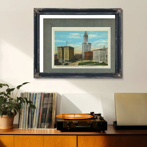 City Hall Park Frye Hotel And Smith Tower Ca 1915 — vintage wall art by Bella Frye