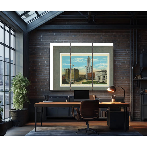 City Hall Park Frye Hotel And Smith Tower Ca 1915 — vintage wall art by Bella Frye