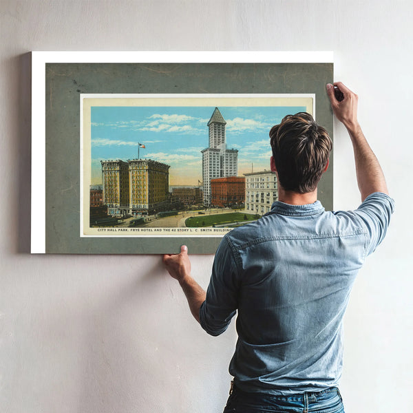 City Hall Park Frye Hotel And Smith Tower Ca 1915 — vintage wall art by Bella Frye