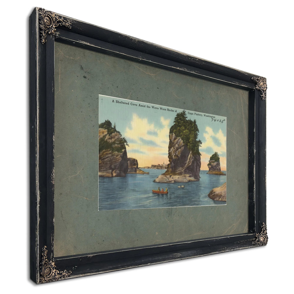 A Sheltered Cove Amid The Wave Worn Rock Of Cape Flattery Washington, Ebony frame — vintage framed wall art by Bella Frye