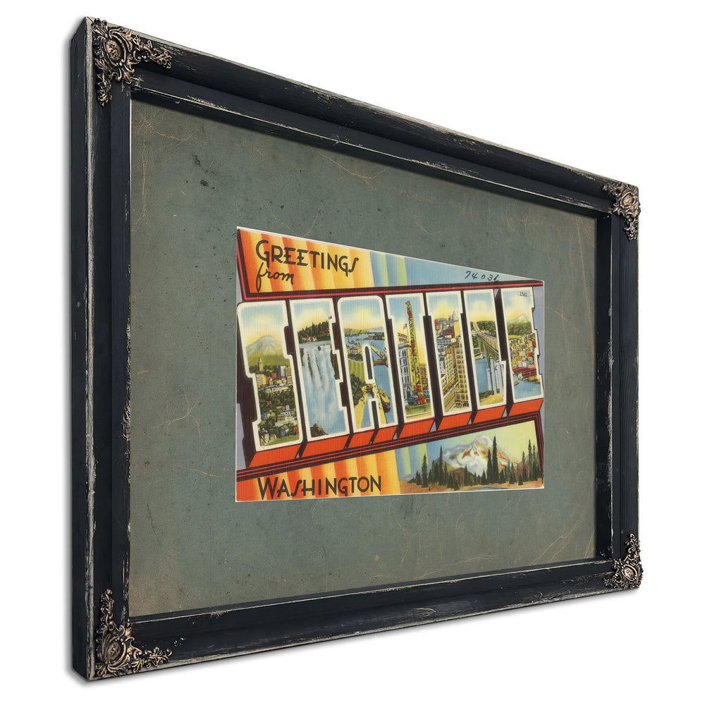 Greetings From Seattle Washington'2, Ebony frame — vintage framed wall art by Bella Frye