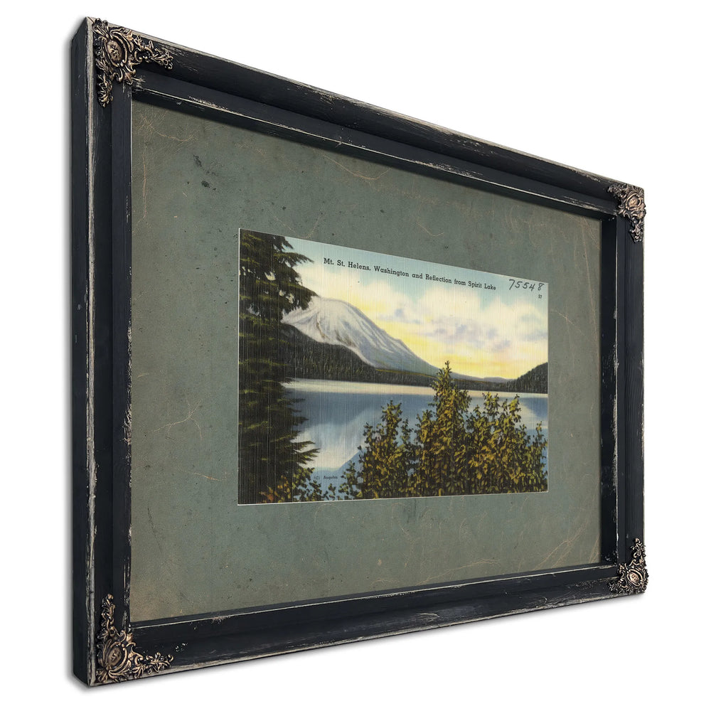 Mt St Helens Washingtonand Reflection From Spirit Lake, Ebony frame — vintage framed wall art by Bella Frye