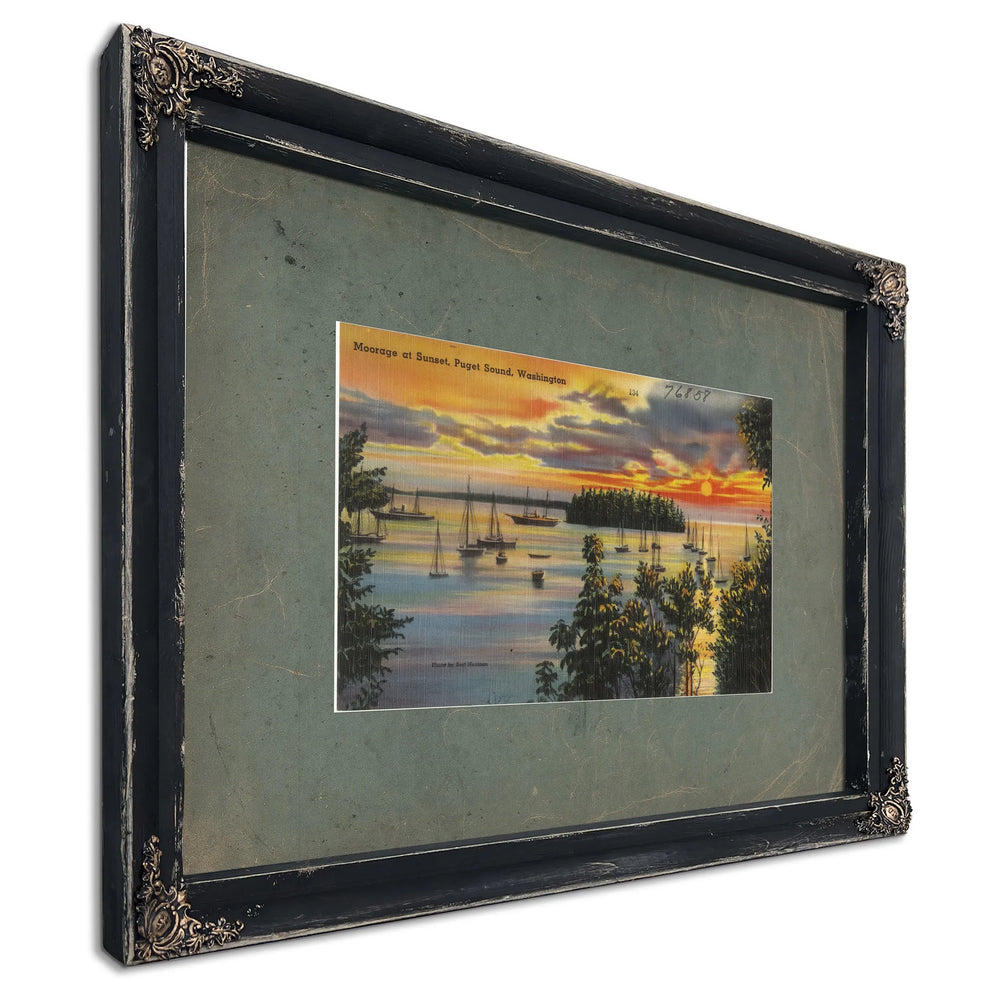 Moorage At Sunset Puget Sound Washington, Ebony frame — vintage framed wall art by Bella Frye