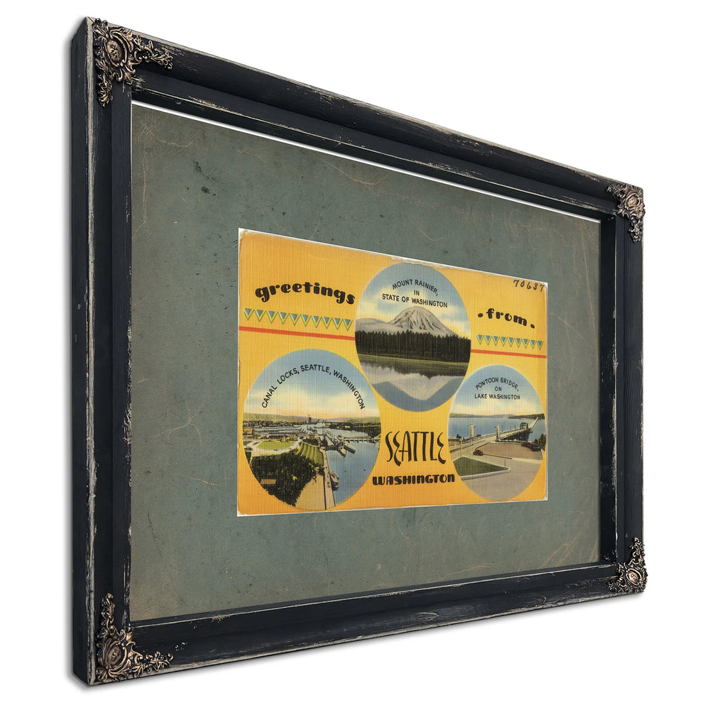 Greetings From Seattle Washington'1, Ebony frame — vintage framed wall art by Bella Frye