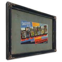 Greetings From Spokane Washington, Ebony frame — vintage framed wall art by Bella Frye