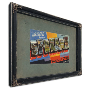 Greetings From Spokane Washington, Ebony frame — vintage framed wall art by Bella Frye