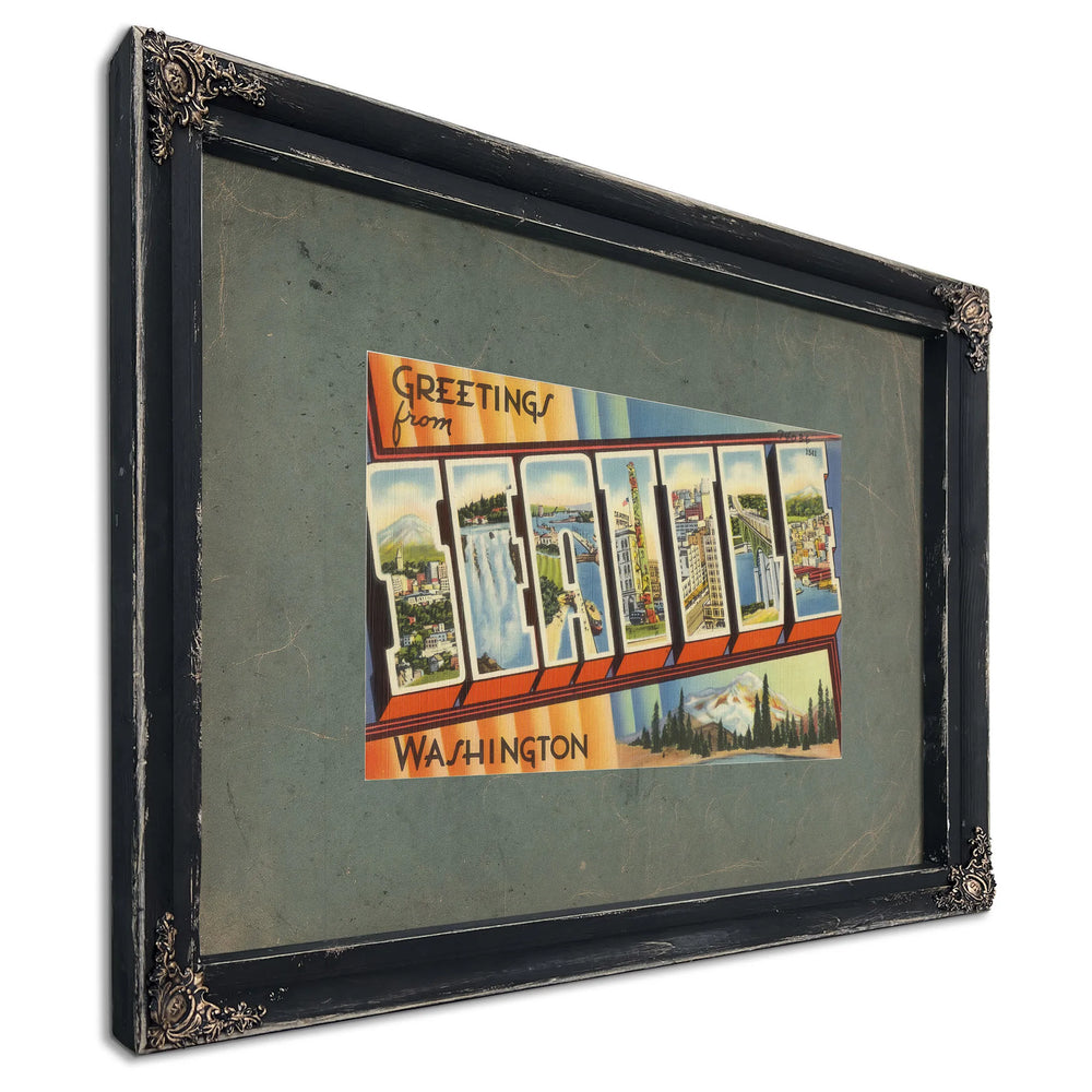 Greetings From Seattle Washington, Ebony frame — vintage framed wall art by Bella Frye