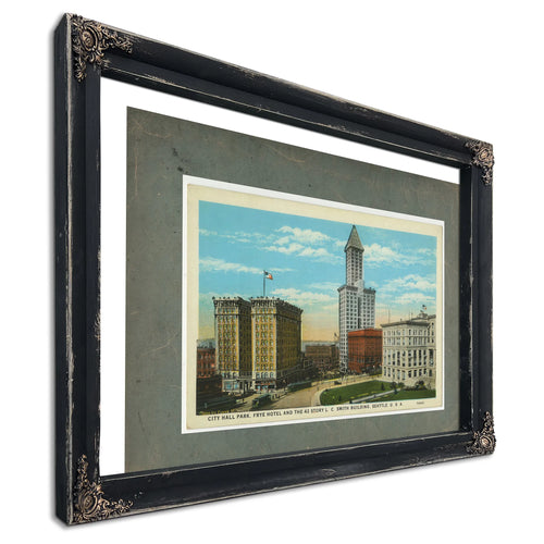 City Hall Park Frye Hotel And Smith Tower Ca 1915, Ebony frame — vintage framed wall art by Bella Frye