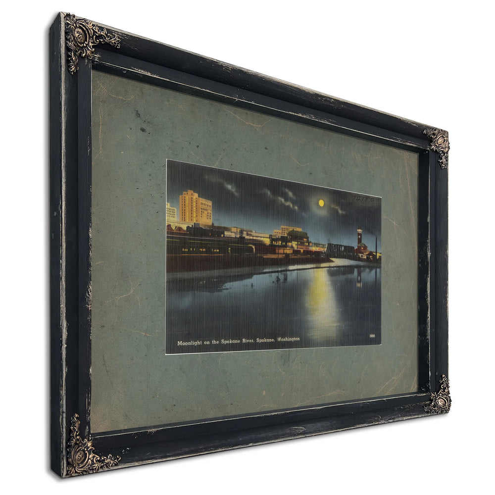 Moonlight On The Spokane River Spokane Washington, Ebony frame — vintage framed wall art by Bella Frye