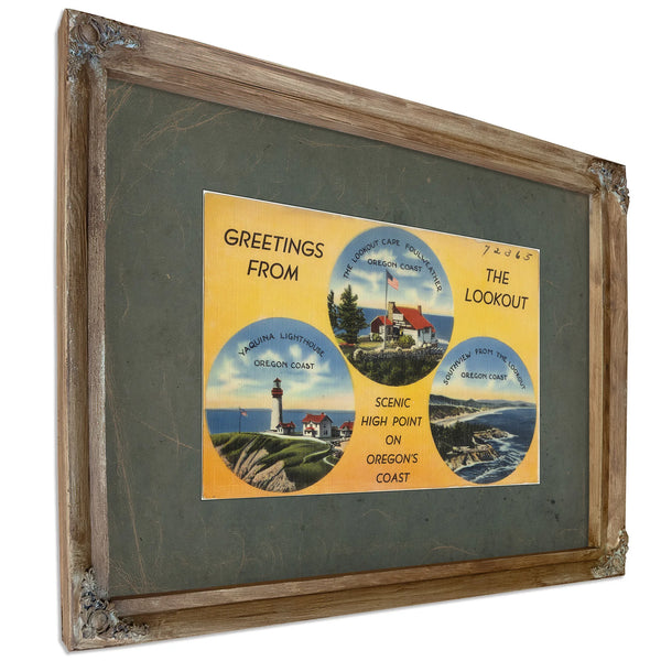 Greetings From The Lookout Scenic High Point On Oregon's Coast, Verdigris frame — vintage framed wall art by Bella Frye