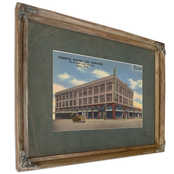 Francis Motor Car Company Ford Sales And Services Since 1914, Verdigris frame — vintage framed wall art by Bella Frye