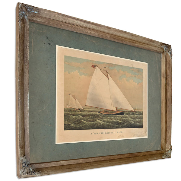 A Jib and Mainsail Race Currier Ives lithograph depicting American yacht r — Verdigris Framed Canvas Print | Bella Frye