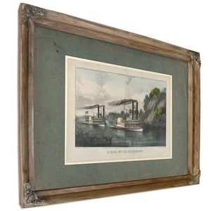 A Race on the Mississippi Currier Ives lithograph depicting steamboat race f — Verdigris Framed Canvas Print | Bella Frye