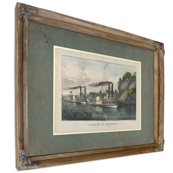 A Race on the Mississippi Currier Ives lithograph depicting steamboat race f — Verdigris Framed Canvas Print | Bella Frye