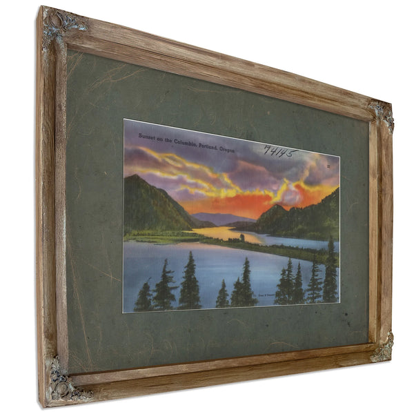 Sunset On The Columbia Portland Oregon, Verdigris frame — vintage framed wall art by Bella Frye