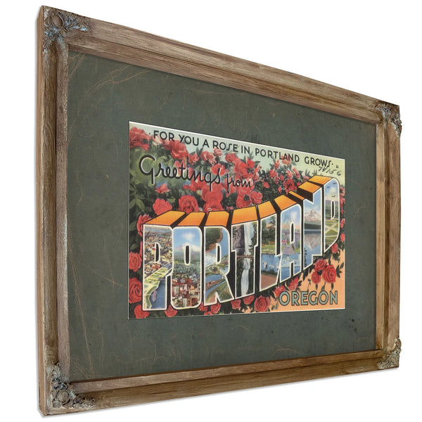 For You A Rose In Portland Grows Greetings From Portland Oregon, Verdigris frame — vintage framed wall art by Bella Frye