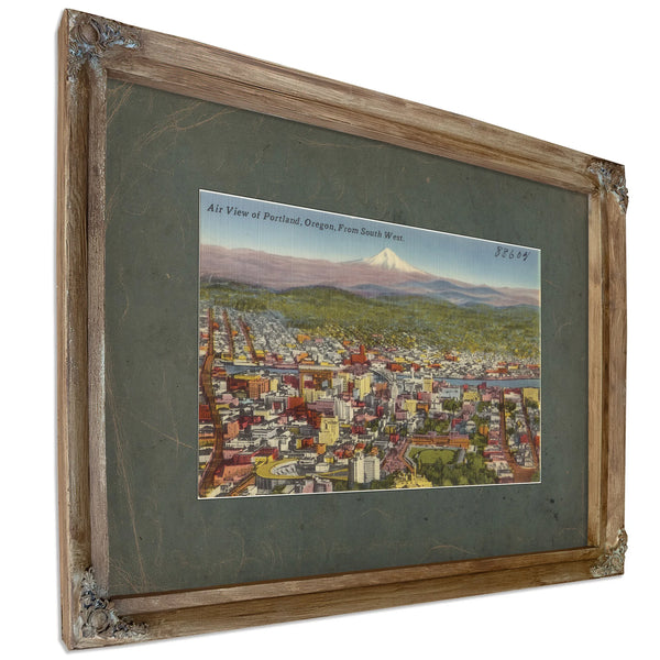 Air View Of Portland Oregon From South West, Verdigris frame — vintage framed wall art by Bella Frye