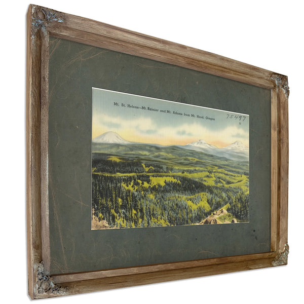 Mt St Helens Mt Rainier And Mt Adams From Mt Hood Oregon, Verdigris frame — vintage framed wall art by Bella Frye
