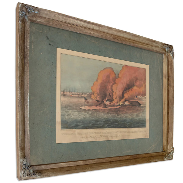 Terrific Combat Between the Monitor 2 Guns Merrimac 11 Guns in Hampton Roads M — Verdigris Framed Canvas Print | Bella Frye