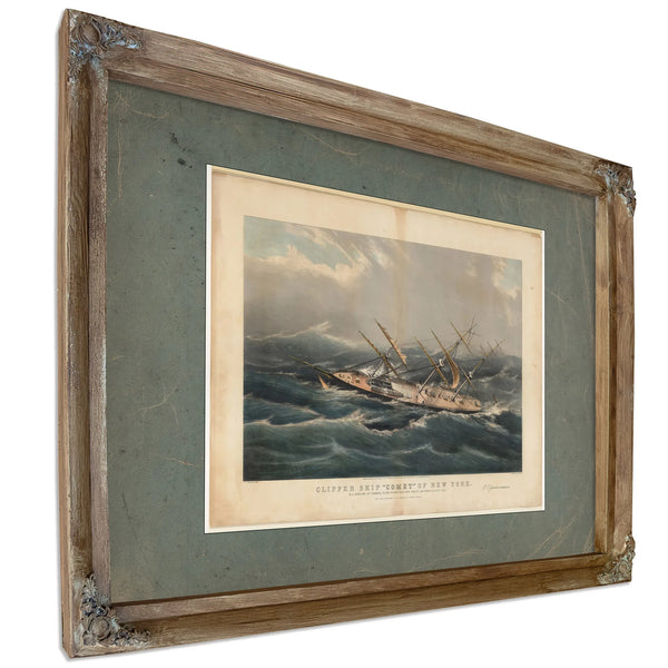 Clipper Ship Comet of New York in a Hurricane off Bermuda on her Voyage from — Verdigris Framed Canvas Print | Bella Frye