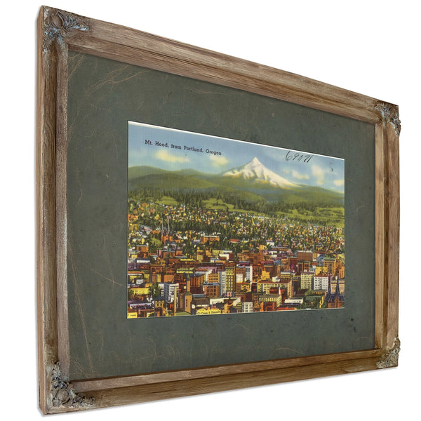 Mt Hood From Portland Oregon, Verdigris frame — vintage framed wall art by Bella Frye