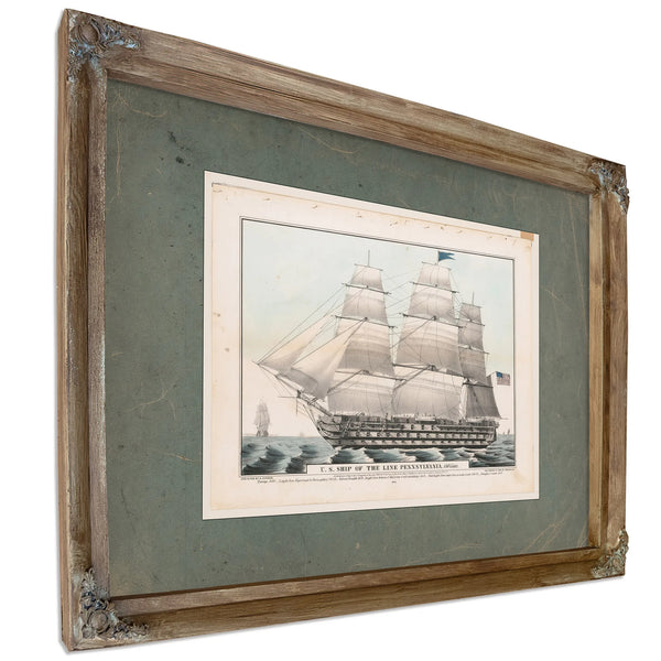 US. Ship of the Line Pennsylvania 140 Guns  Currier Lithograph — Verdigris Framed Canvas Print | Bella Frye