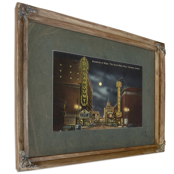 Broadway At Night 'The Great White Way' Portland Oregon, Verdigris frame — vintage framed wall art by Bella Frye