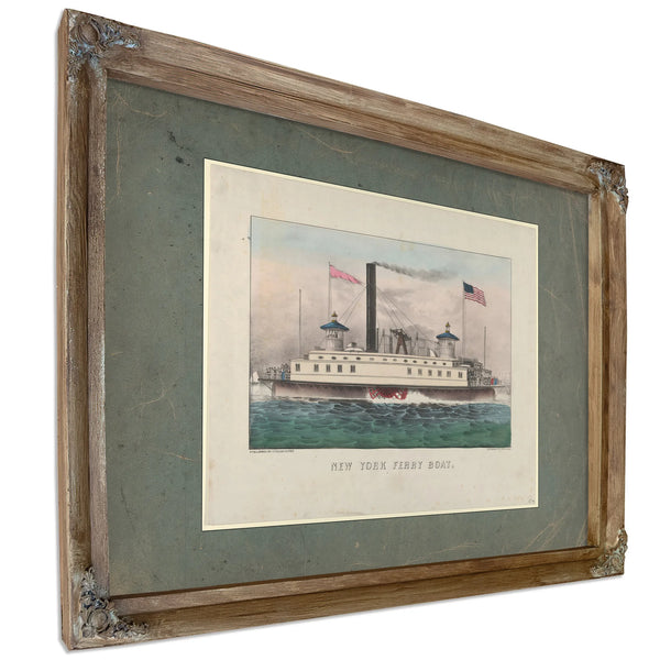 New York Ferry Boat Currier Ives lithograph depicting a side wheel steam fer — Verdigris Framed Canvas Print | Bella Frye