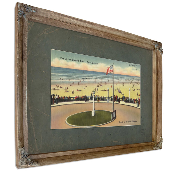 End Of The Oregon Trail Turn Around Beach At Seaside Oregon, Verdigris frame — vintage framed wall art by Bella Frye