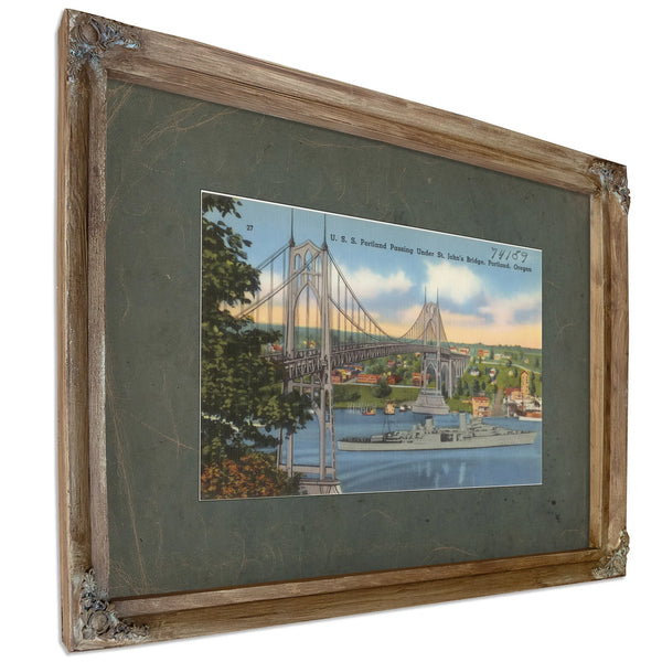 U S S Portland Passing Under St John's Bridge Portland Oregon, Verdigris frame — vintage framed wall art by Bella Frye