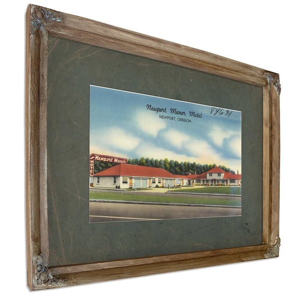 Newport Manor Motel Newport Oregon, Verdigris frame — vintage framed wall art by Bella Frye
