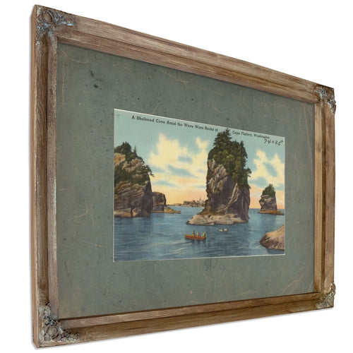 A Sheltered Cove Amid The Wave Worn Rock Of Cape Flattery Washington, Verdigris frame — vintage framed wall art by Bella Frye