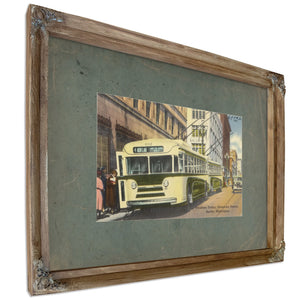 Trackless Trolley Downtown District Seattle Washington, Verdigris frame — vintage framed wall art by Bella Frye
