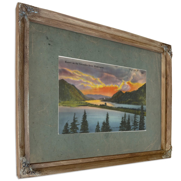 Sunset On The Columbia River Washington, Verdigris frame — vintage framed wall art by Bella Frye