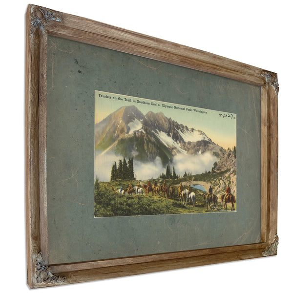 Tourist On The Trail Southern End Of Olympic National Park Washington'1, Verdigris frame — vintage framed wall art by Bella Frye