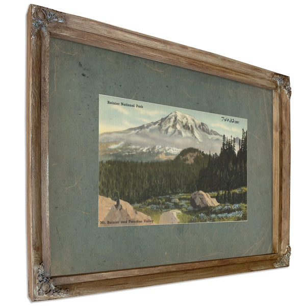 Rainier National Park Mt Rainier And Paradise Valley'1, Verdigris frame — vintage framed wall art by Bella Frye
