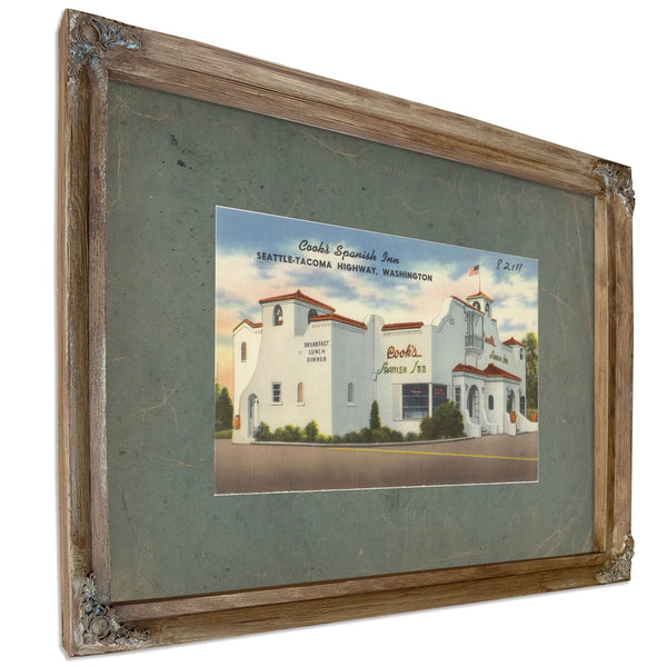 Cook's Spanish Inn Seattle Tacoma Highway Washington, Verdigris frame — vintage framed wall art by Bella Frye