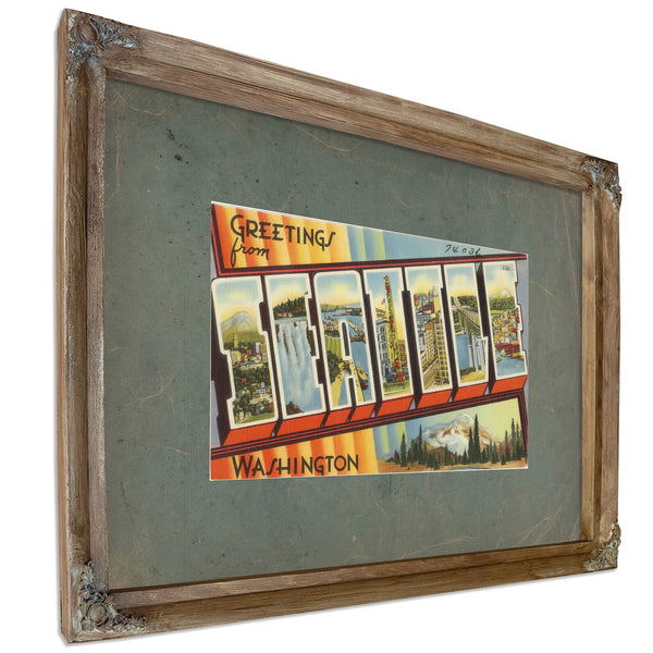 Greetings From Seattle Washington'2, Verdigris frame — vintage framed wall art by Bella Frye