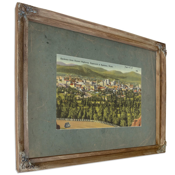 Spokane From Sunset Highway Approach To Spokane Wash, Verdigris frame — vintage framed wall art by Bella Frye