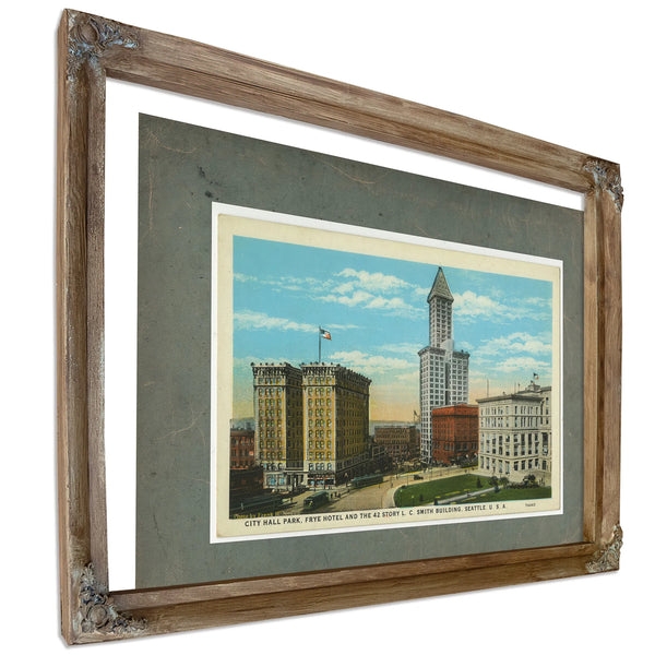 City Hall Park Frye Hotel And Smith Tower Ca 1915, Verdigris frame — vintage framed wall art by Bella Frye