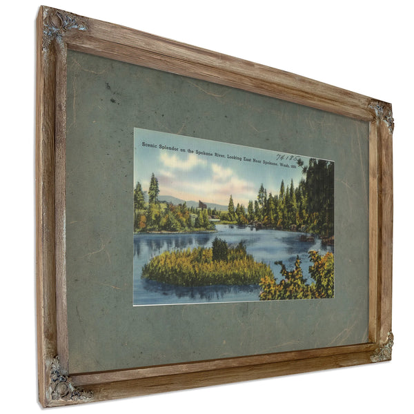 Scenic Splendor On The Spokane River Looking East Near Spokane Wash, Verdigris frame — vintage framed wall art by Bella Frye