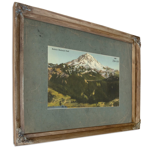 Rainier National Park Mt Rainier And Paradise Valley'2, Verdigris frame — vintage framed wall art by Bella Frye
