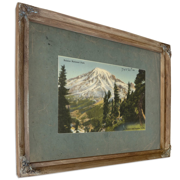 Rainier National Park Mt Rainier And Paradise Valley Washington, Verdigris frame — vintage framed wall art by Bella Frye