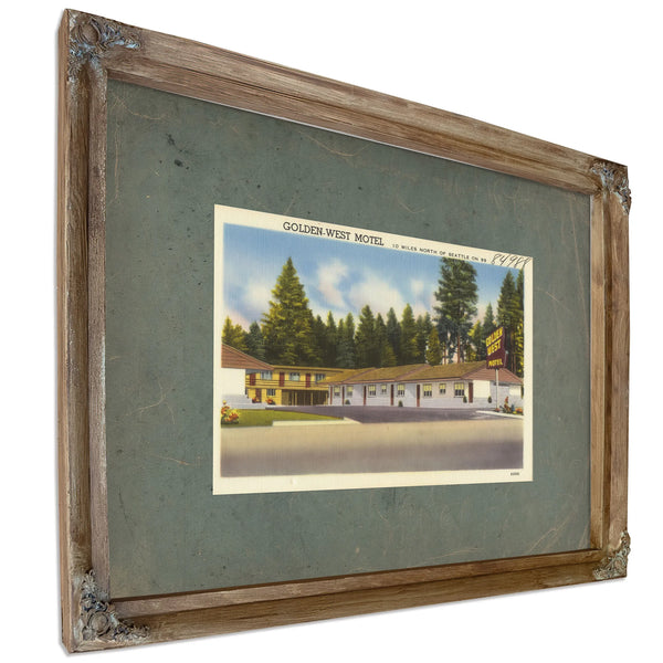 Golden West Motel 10 Miles North Of Seattle On 99, Verdigris frame — vintage framed wall art by Bella Frye
