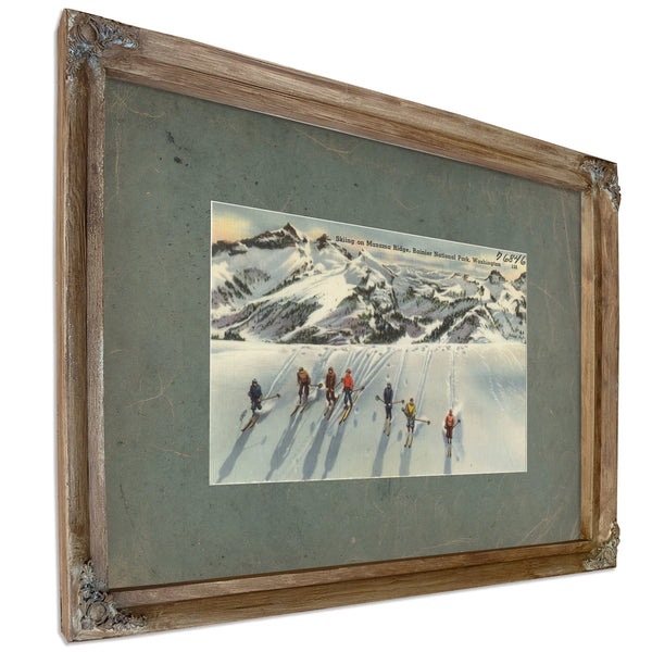 Skiing On Mazama Ridge Rainier National Park Washington, Verdigris frame — vintage framed wall art by Bella Frye