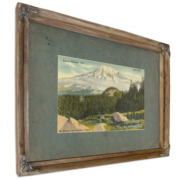 Rainier National Park Mt Rainier And Paradise Valley Washington'2, Verdigris frame — vintage framed wall art by Bella Frye