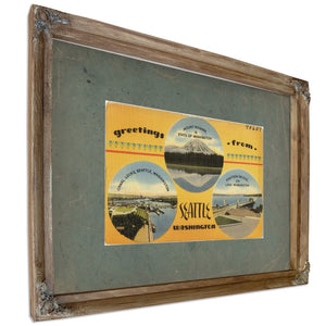 Greetings From Seattle Washington'1, Verdigris frame — vintage framed wall art by Bella Frye
