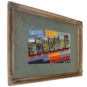 Greetings From Spokane Washington, Verdigris frame — vintage framed wall art by Bella Frye